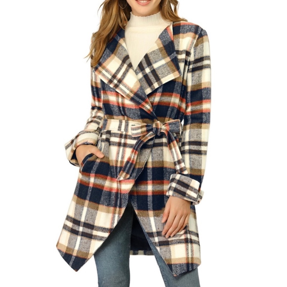 NWT Allegra K Blue & Orange Plaid Belted Shawl Collar Jacket